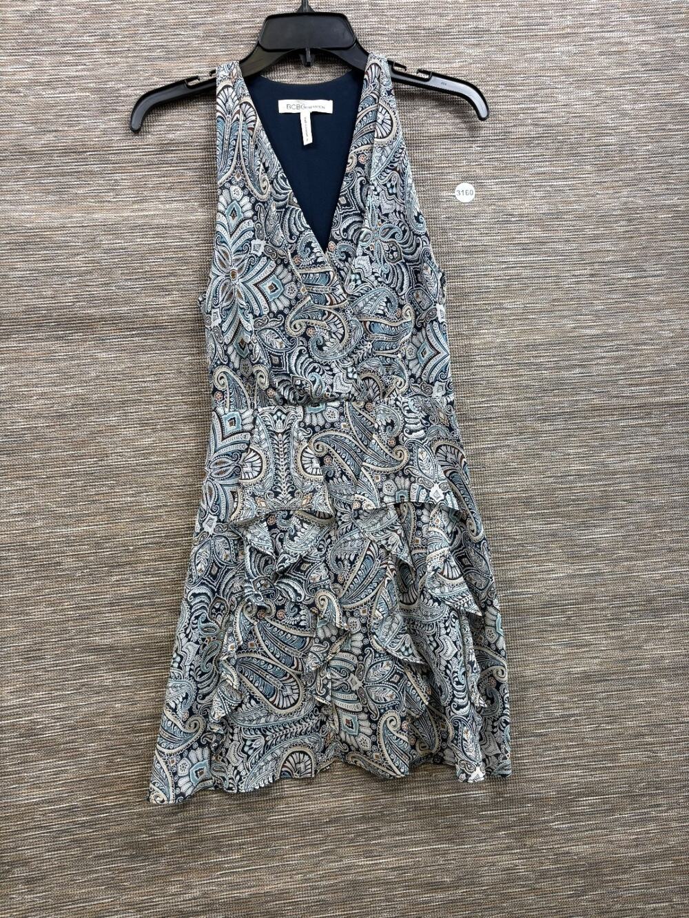 BCBGeneration Fit Flare Dress Womens Size 2 Racer Back Ruffle Skirt Blue Paisley